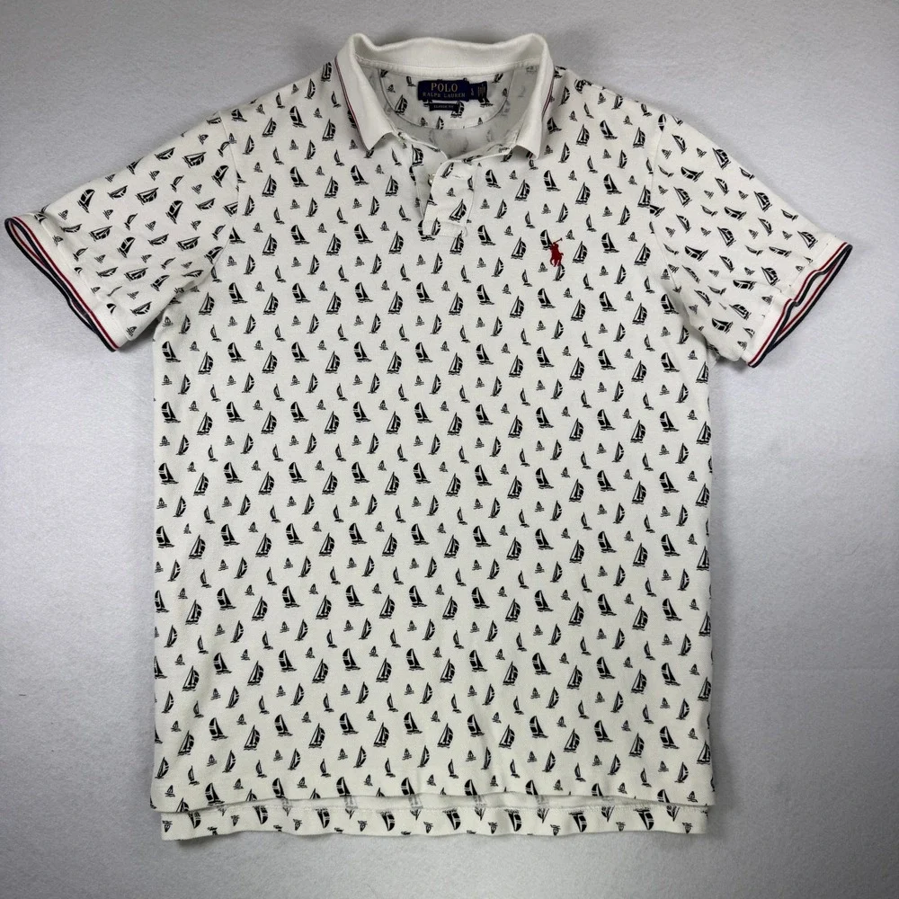 Polo Ralph Lauren Sailboat Print Polo Shirt White Large Classic Fit Nautical L